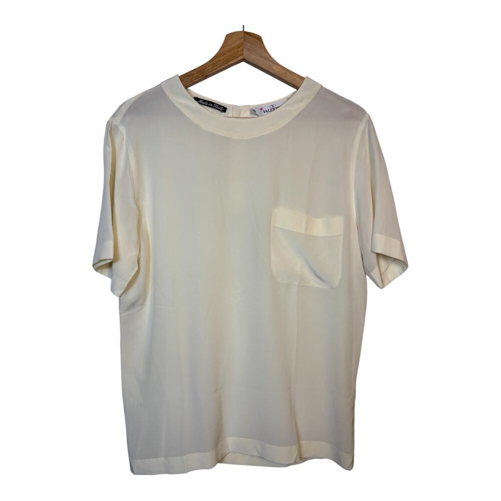 VTG Valentino Miss V Cream Silk Blouse 4 Made in Italy Chest Pocket Button Back